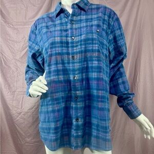 Men’s Plaid Corduroy Shirt Blue Large Stretch Cotton Palm Logo Soft Cord